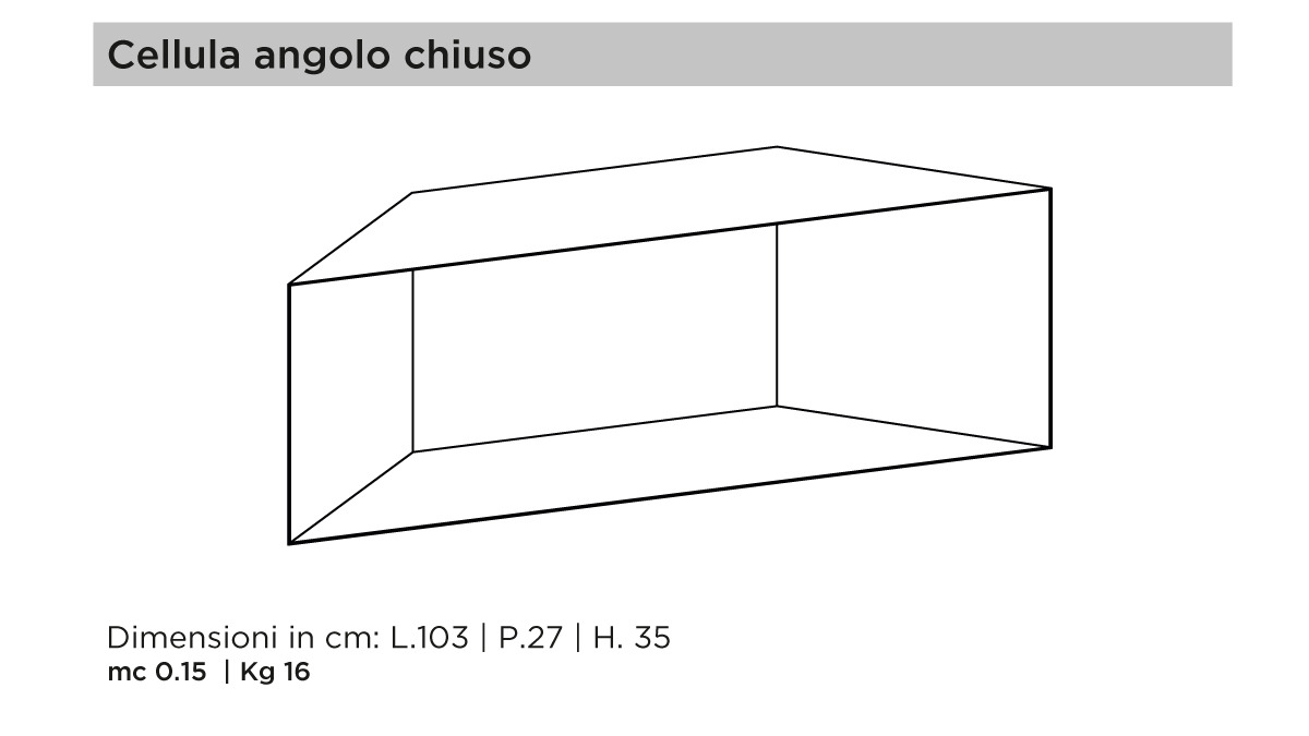 Contenitore a parete Cellula angolo aperto con dimensioni in centimetri e peso.