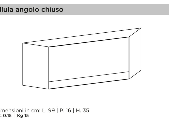 Schema del Contenitore angolo chiuso Cellula con misure in centimetri e peso in kg.