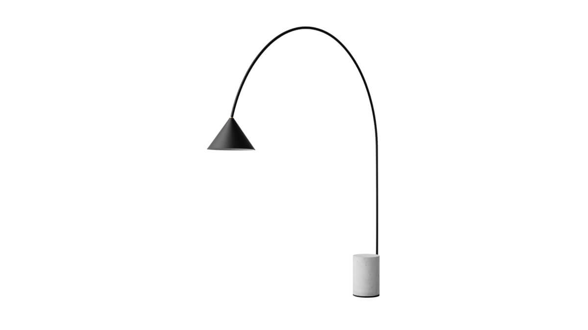 Ozz Floor Lampada da terra a forma di arco con paralume nero e base in calcestruzzo.