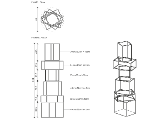 Disegni tecnici di Babylon Contenitore da Terra da più viste (pianta, frontale e laterale) con annotazioni dimensionali in centimetri.