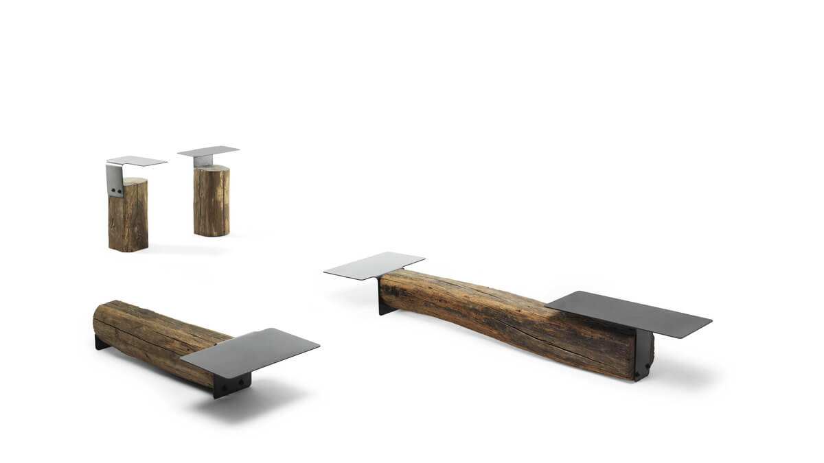 Le tre dimensioni acquistabili del Coffee Tables & Bench Beam, composto da una trave in rovere antico con piano in metallo verniciato piombo.