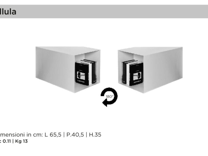 Cellula contenitore a giorno con libri, dimensioni in centimetri e peso in kg.