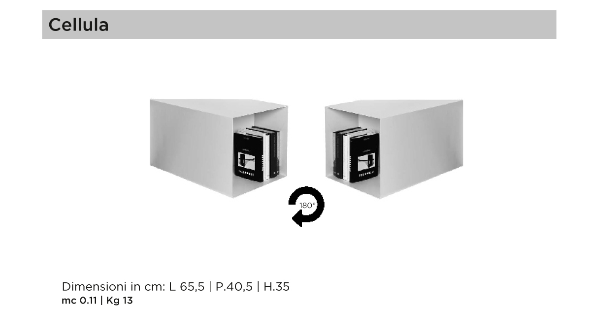 Cellula contenitore a giorno con libri, dimensioni in centimetri e peso in kg.