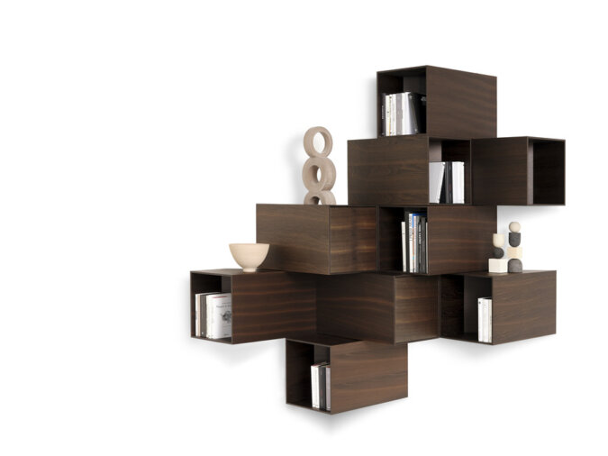 Struttura di contenitori a parete Cellula Wood in Rovere Termo trattato con libri all'interno e altri oggetti.