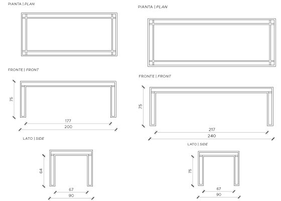 Disegni tecnici di Hotline Tavolo rettangolare da più viste (pianta, frontale e laterale) con annotazioni dimensionali in centimetri.
