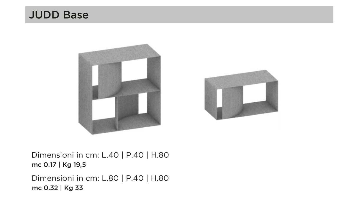 Judd Base contenitore da terra con dimensioni in centimetri e peso in kg.