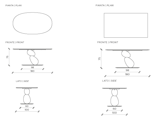 Disegni tecnici di Matera Table da più viste (pianta, frontale e laterale) con annotazioni dimensionali in centimetri.