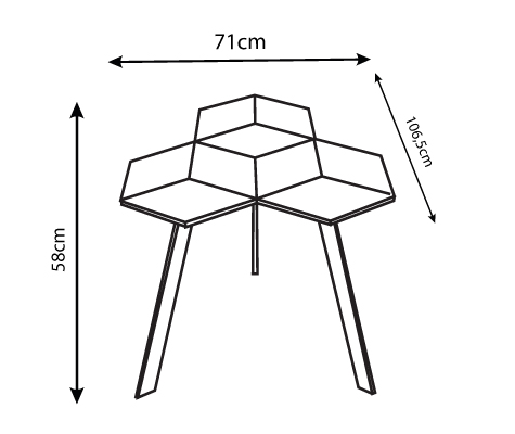 Disegni tecnici di Prisma coffee table con annotazioni dimensionali in centimetri.