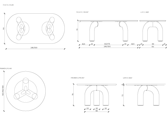 Scheda tecnica del tavolo Elephante con misure in centimetri.