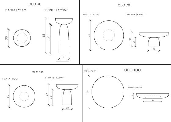 Disegni tecnici di Olo Tavolini da più viste (pianta, frontale e laterale) con annotazioni dimensionali in centimetri.