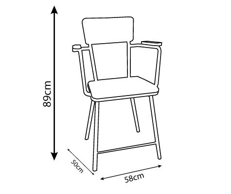 Disegni tecnici di Secca con braccioli Sedia con annotazioni dimensionali in centimetri.