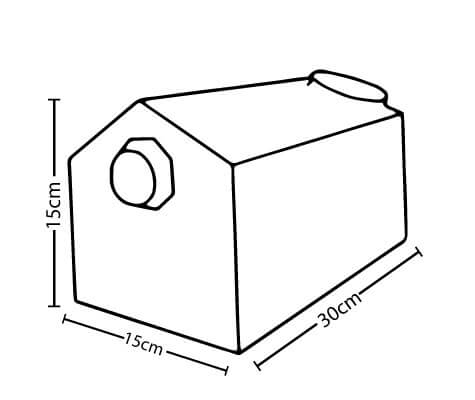 Disegni tecnici di Vad House Salvadanaio con annotazioni dimensionali in centimetri.