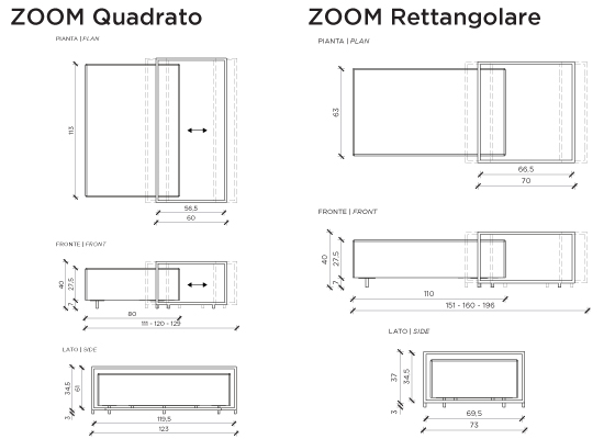 Disegni tecnici di Zoom Tavolino & Pouf da più viste (pianta, frontale e laterale) con annotazioni dimensionali in centimetri.